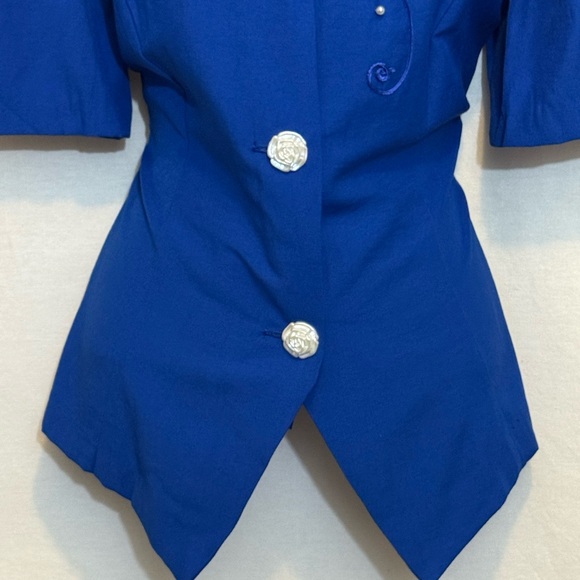 B-278 Reina Vintage 80s Blue Embroidered Puffy Sleeve Skirt Set Size 12 - Picture 3 of 16